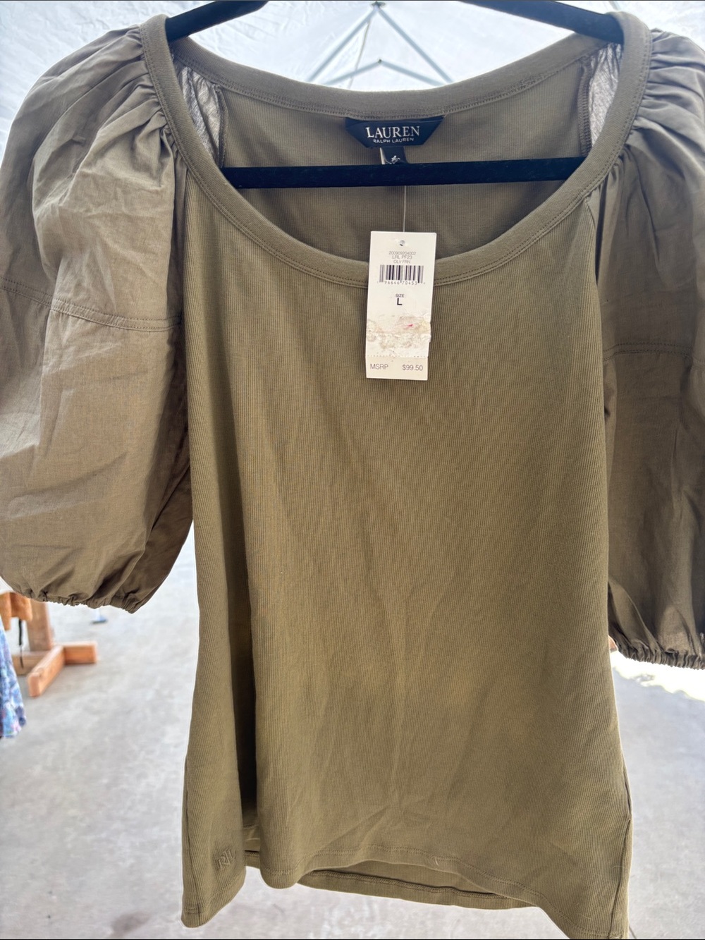 Lauren Ralph Lauren Olive Green Puff-Sleeve Top